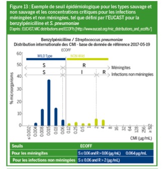 graphique d'un exemple de seuil épidémiologique pour les types sauvages et non sauvage et les concentrations critiques pour les infections méningées et non méningées